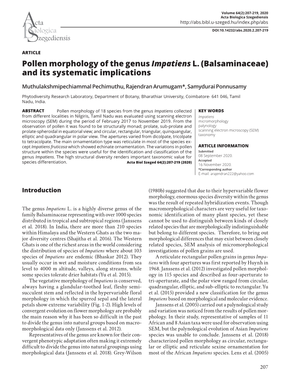 Pollen Morphology of the Genus Impatiens L. (Balsaminaceae) and Its Systematic Implications