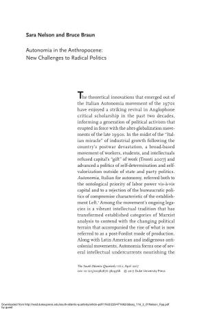 Autonomia in the Anthropocene: New Challenges to Radical Politics