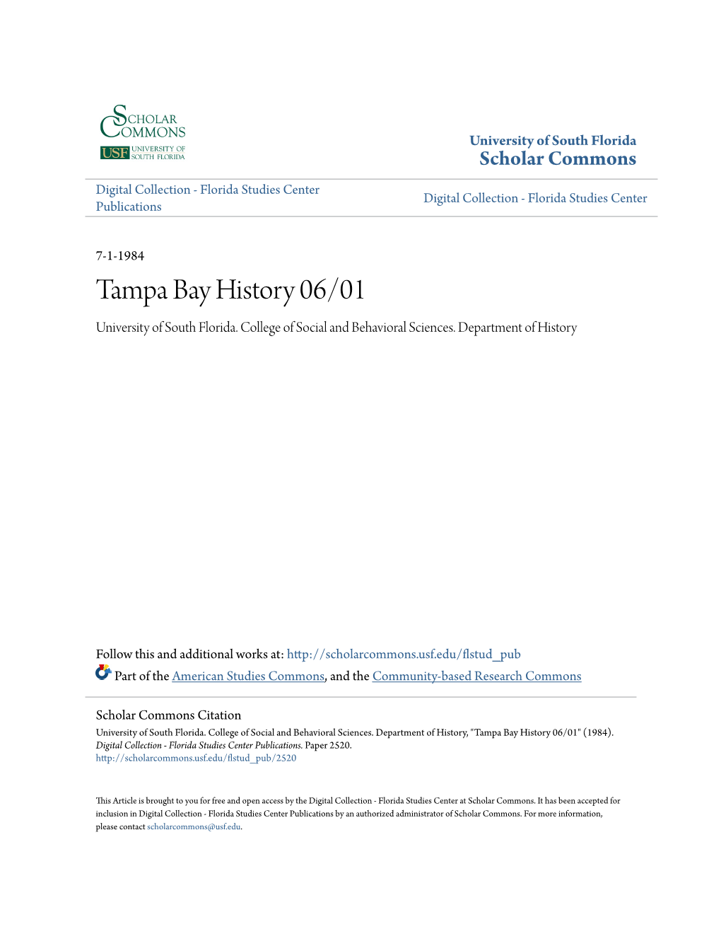 Tampa Bay History 06/01 University of South Florida