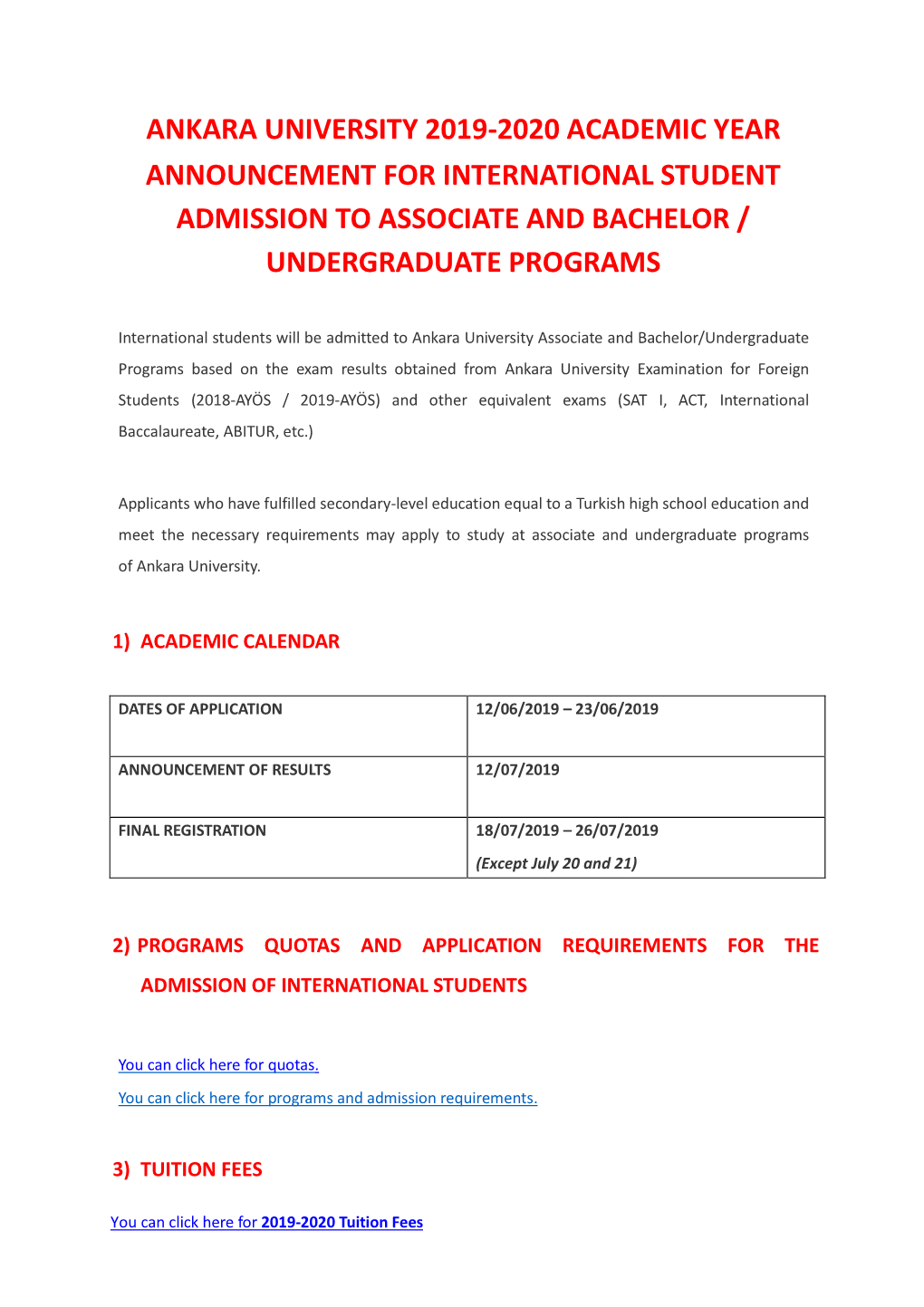 Ankara University 2019-2020 Academic Year Announcement for International Student Admission to Associate and Bachelor / Undergraduate Programs