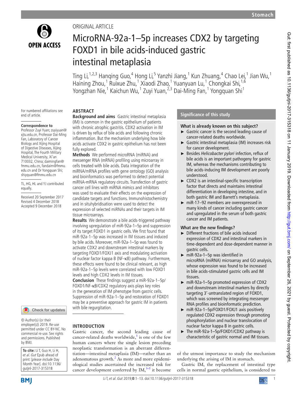 Microrna-92A-1–5P Increases CDX2 by Targeting FOXD1 in Bile