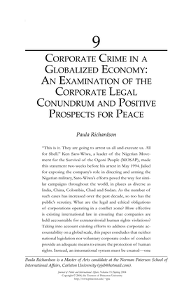 Corporate Crime in a Globalized Economy: an Examination of the Corporate Legal Conundrum and Positive Prospects for Peace 165