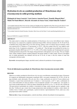 Hydration Levels on Conidial Production of Metarhizium Rileyi (Ascomycota) in Solid Growing Medium