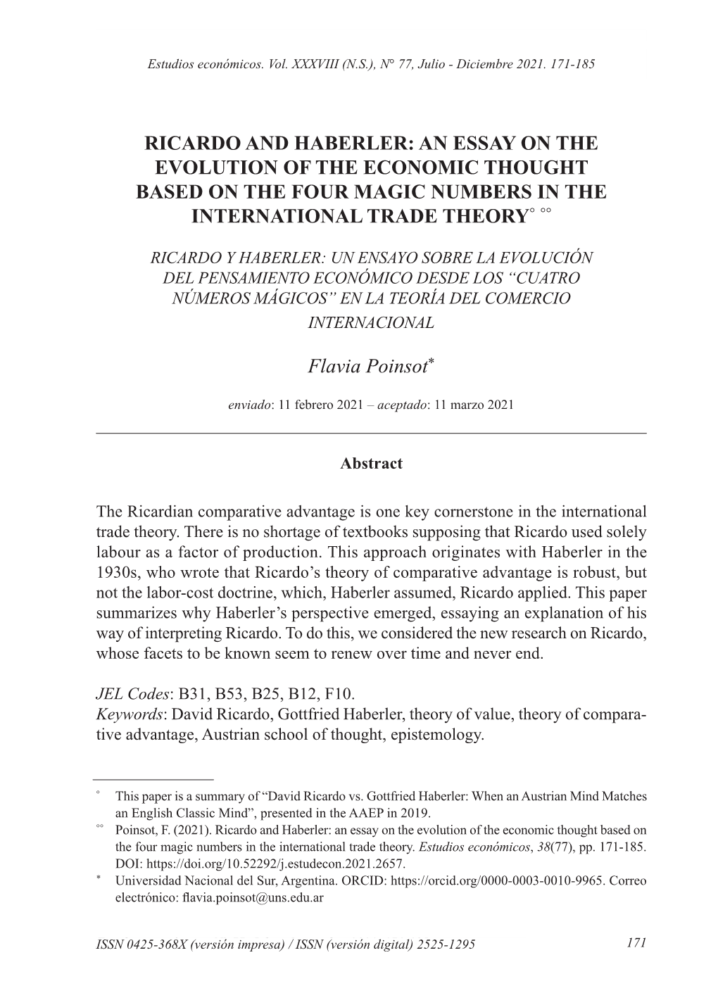 Ricardo and Haberler: an Essay on the Evolution of the Economic Thought Based on the Four Magic Numbers in the International Trade Theory° °°