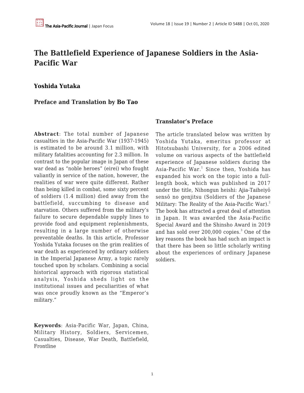 The Battlefield Experience of Japanese Soldiers in the Asia- Pacific War