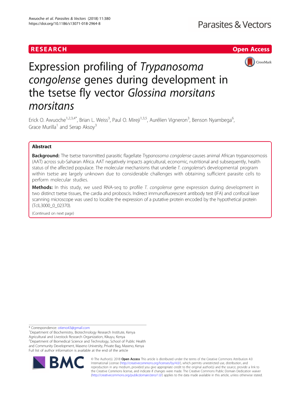 Expression Profiling of Trypanosoma Congolense Genes During Development in the Tsetse Fly Vector Glossina Morsitans Morsitans Erick O