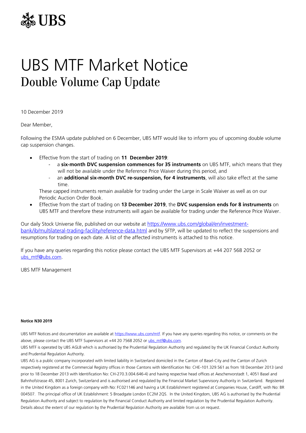 UBS MTF Market Notice Double Volume Cap Update