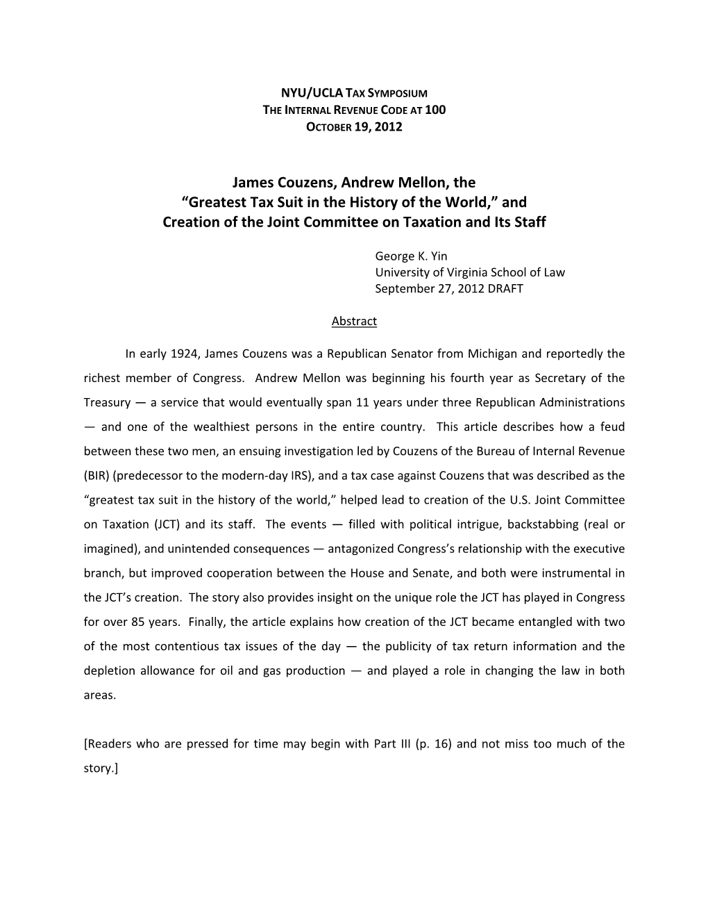 James Couzens, Andrew Mellon, the “Greatest Tax Suit in the History of the World,” and Creation of the Joint Committee on Taxation and Its Staff