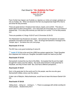 Fact Sheet for “An Antidote for Fear” Isaiah 37:21-38 Pastor Bob Singer 02/22/2015