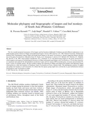 Molecular Phylogeny and Biogeography of Langurs and Leaf Monkeys of South Asia (Primates: Colobinae)
