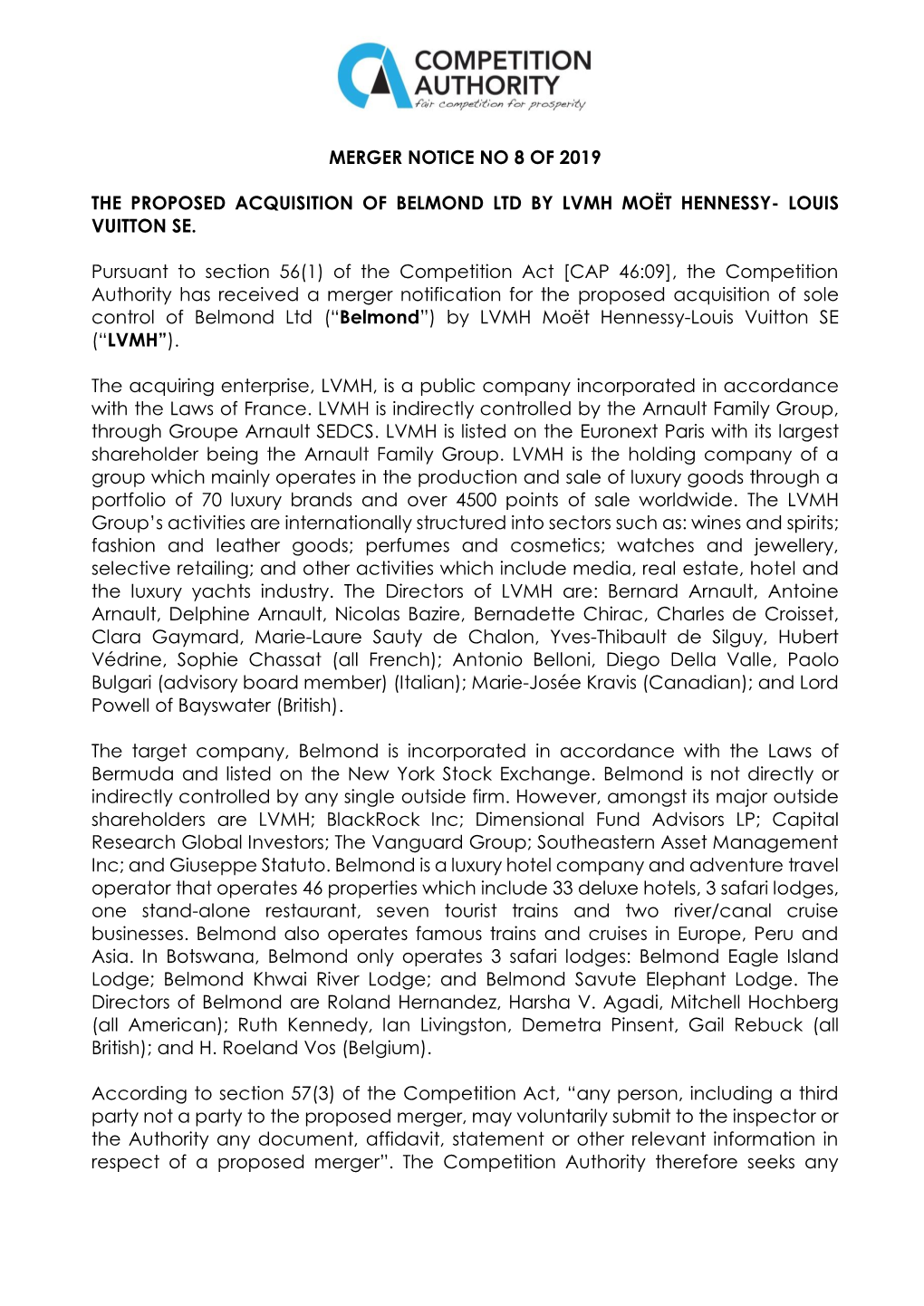 MERGER NOTICE NO 8 of 2019 the PROPOSED ACQUISITION of BELMOND LTD by LVMH MOËT HENNESSY- LOUIS VUITTON SE. Pursuant to Section