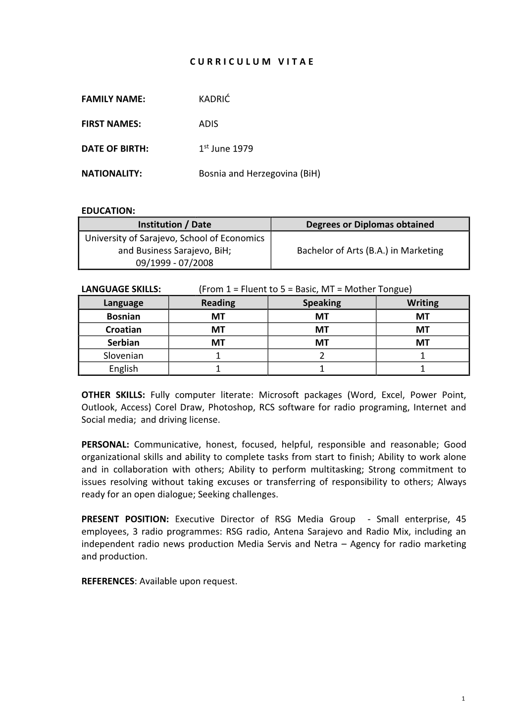 Proposed Position in the Programme