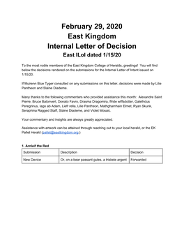 February 29, 2020 East Kingdom Internal Letter of Decision East Iloi Dated 1/15/20