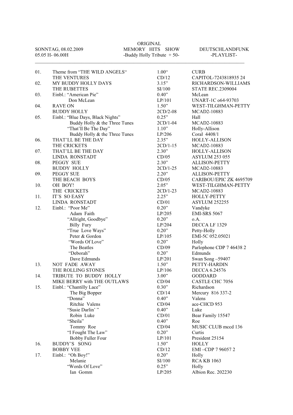 ORIGINAL SONNTAG, 08.02.2009 MEMORY HITS SHOW DEUTSCHLANDFUNK 05.05 H- 06.00H -Buddy Holly Tribute + 50- -PLAYLIST- ______