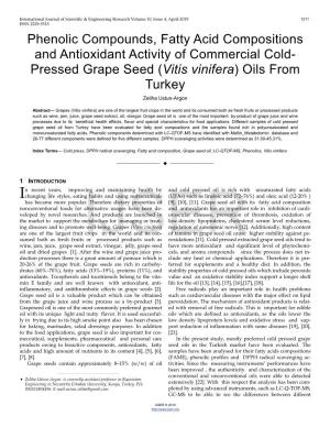 Phenolic Compounds, Fatty Acid Compositions and Antioxidant Activity of Commercial Cold- Pressed Grape Seed (Vitis Vinifera) Oils from Turkey Zeliha Ustun-Argon