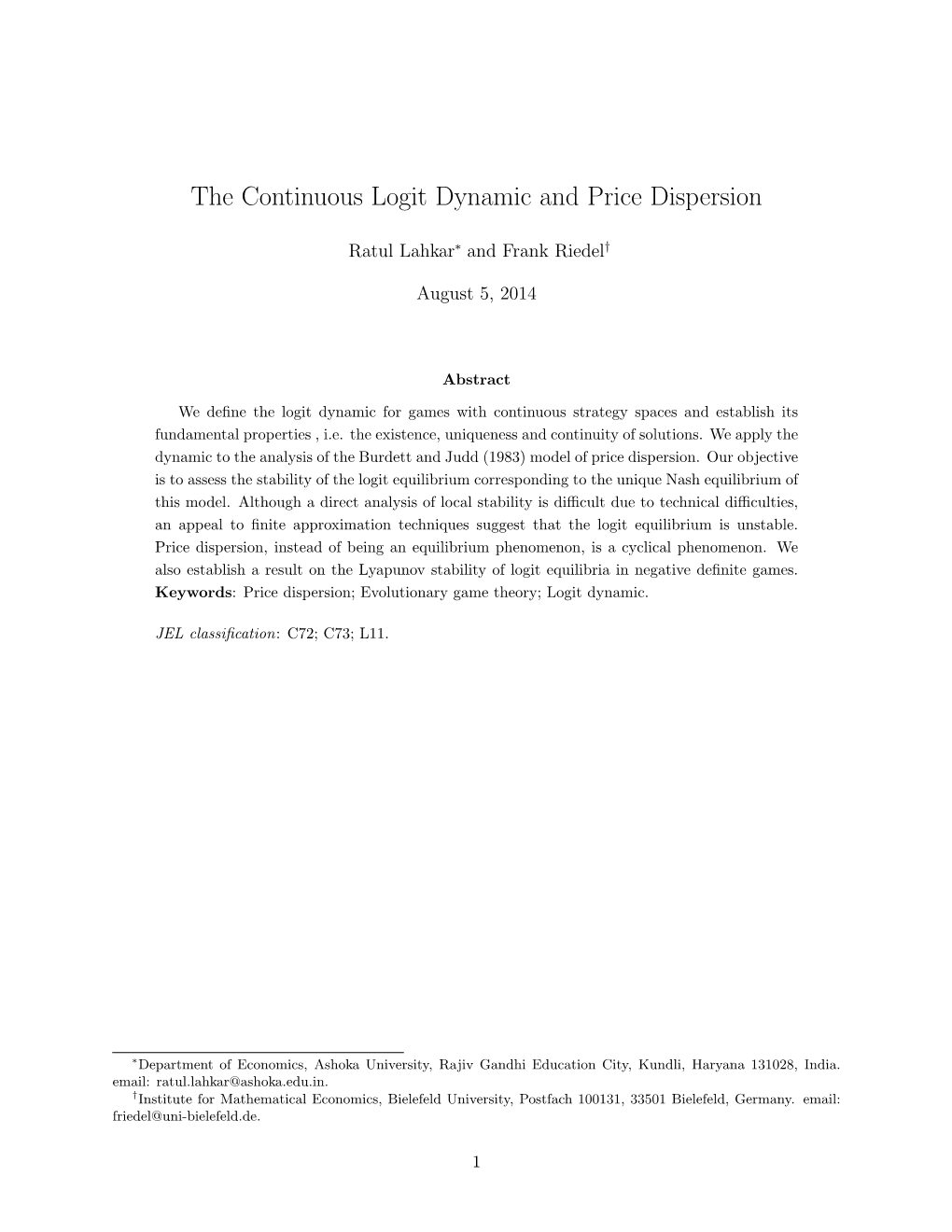 The Continuous Logit Dynamic and Price Dispersion