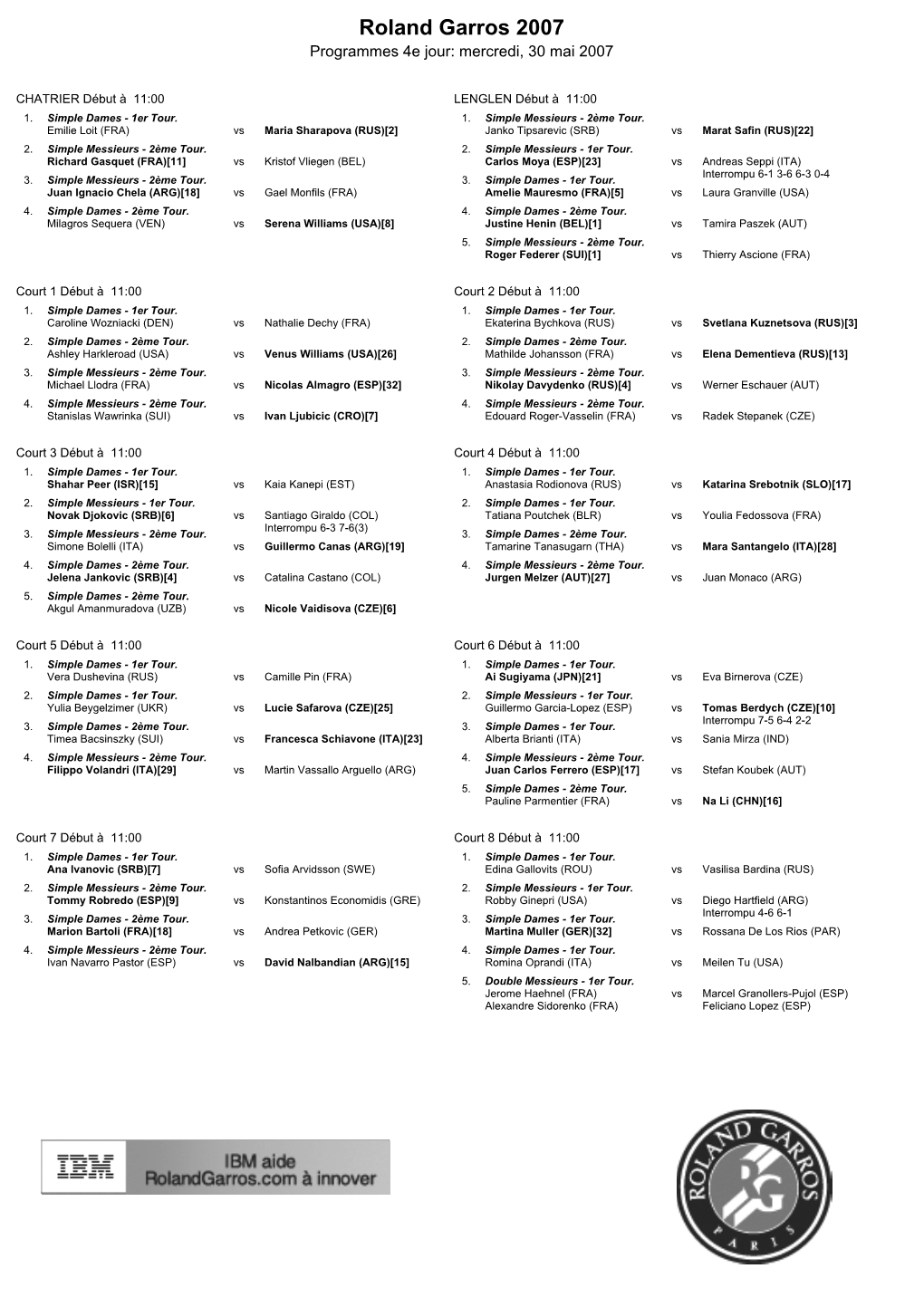 Roland Garros 2007 Programmes 4E Jour: Mercredi, 30 Mai 2007