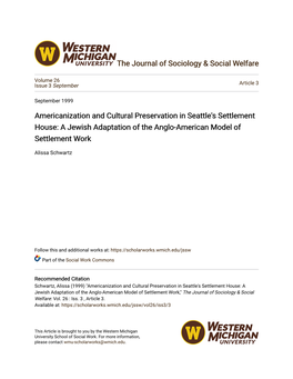 Americanization and Cultural Preservation in Seattle's Settlement House: a Jewish Adaptation of the Anglo-American Model of Settlement Work