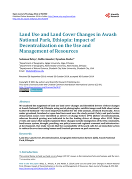 Land Use and Land Cover Changes in Awash National Park, Ethiopia: Impact of Decentralization on the Use and Management of Resources