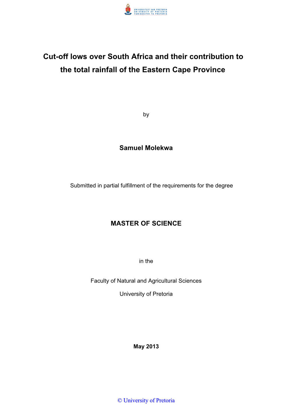 Cut-Off Lows Over South Africa and Their Contribution to the Total Rainfall of the Eastern Cape Province