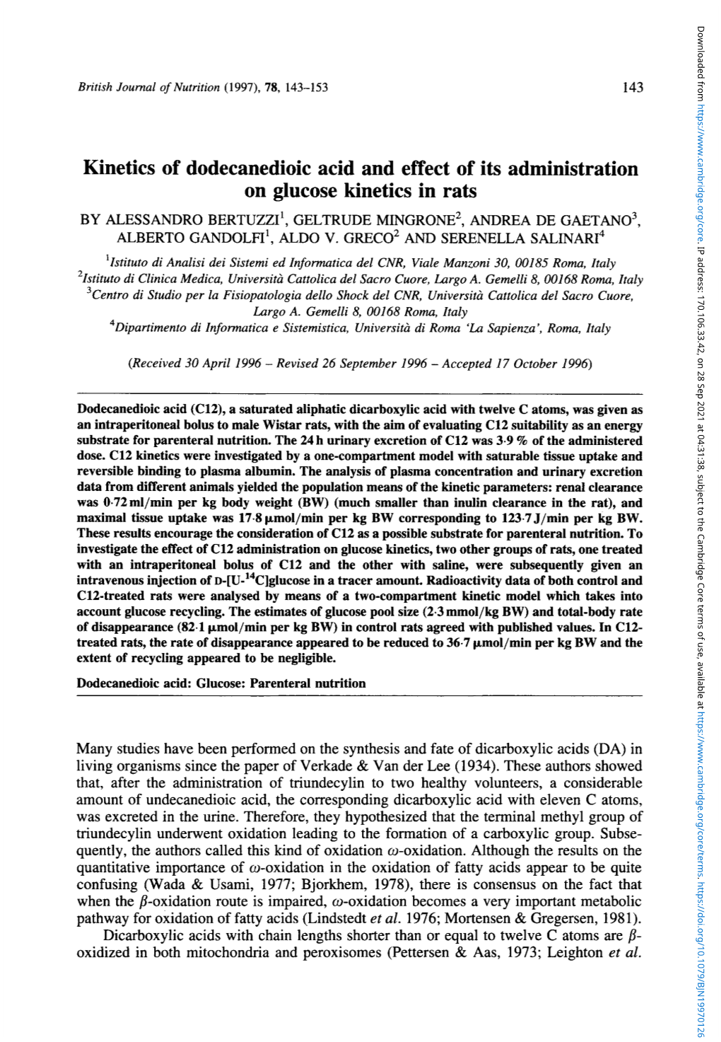 Kinetics of Dodecanedioic Acid and Effect of Its Administration on Glucose Kinetics in Rats by ALESSANDRO BERTUZZI', GELTRUDE MINGRONE', ANDREA DE GAETAN03