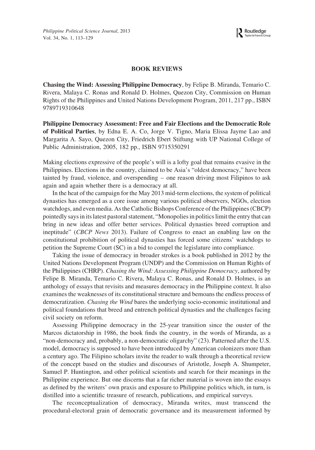 BOOK REVIEWS Chasing the Wind: Assessing Philippine Democracy