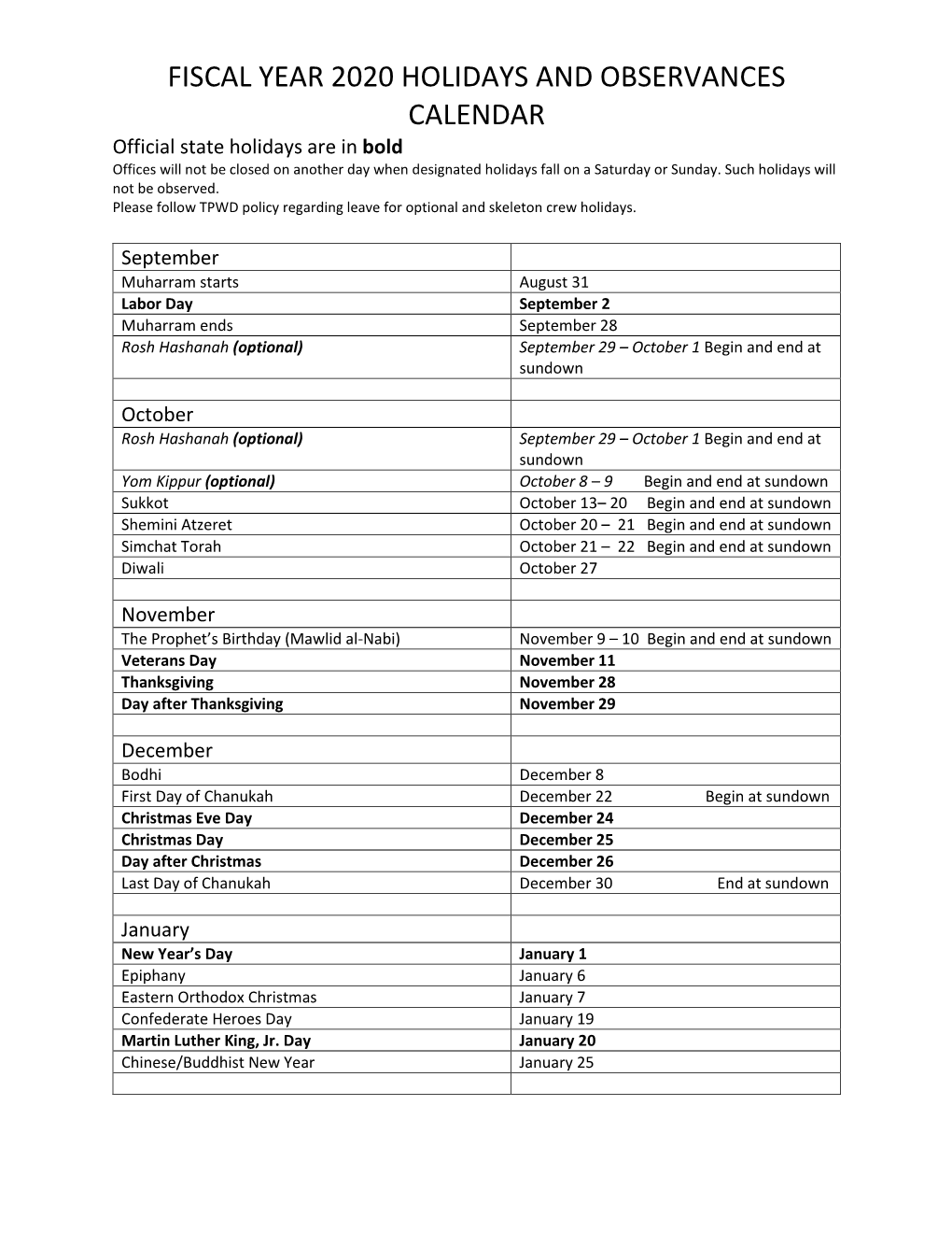 Fiscal Year 2020 Holidays and Observances Calendar