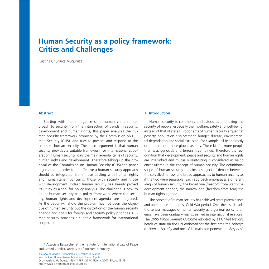 Human Security As a Policy Framework: Critics and Challenges