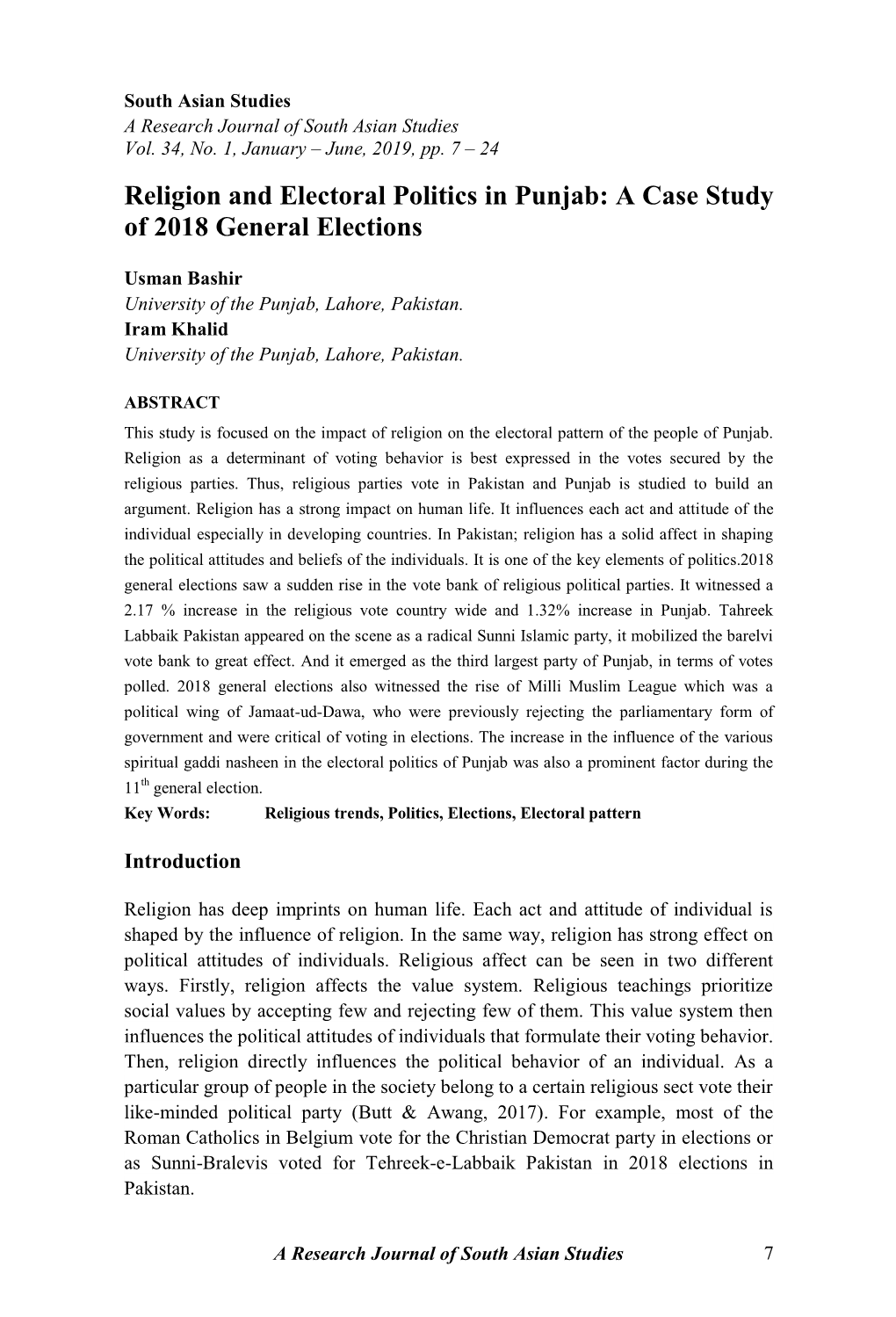 Religion and Electoral Politics in Punjab: a Case Study of 2018 General Elections