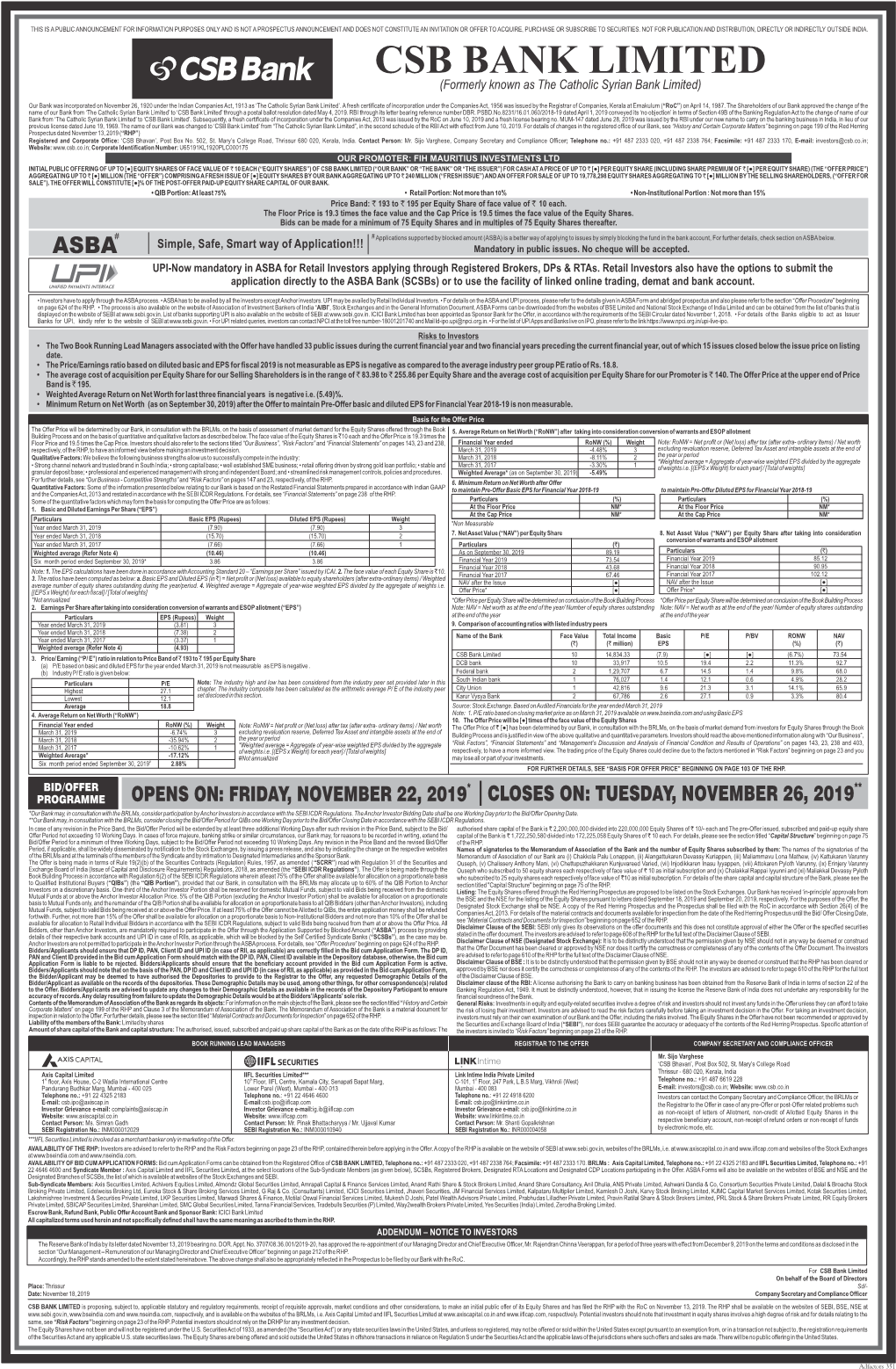 CSB Bank Limited Price Band Advertisement