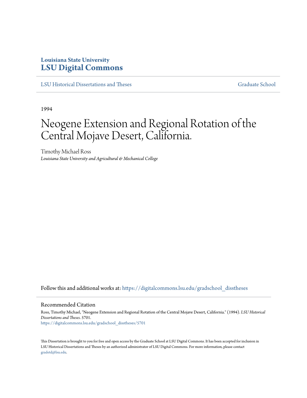 Neogene Extension and Regional Rotation of the Central Mojave Desert, California