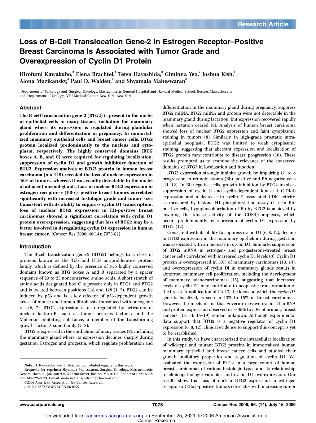 Loss of B-Cell Translocation Gene-2 in Estrogen Receptor–Positive