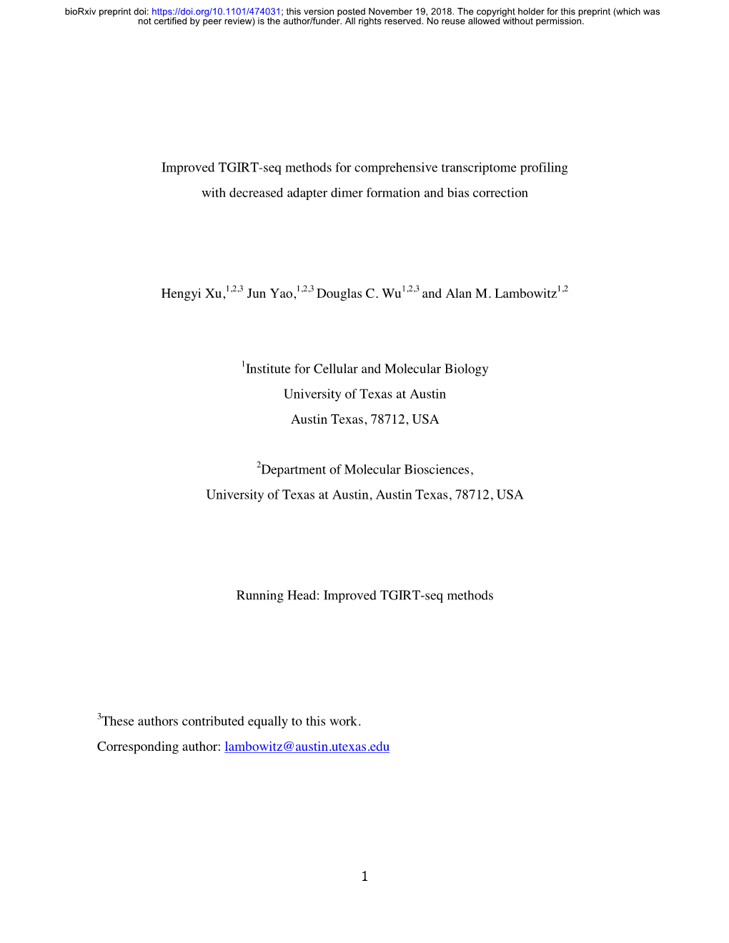 Improved TGIRT-Seq Methods for Comprehensive Transcriptome Profiling with Decreased Adapter Dimer Formation and Bias Correction