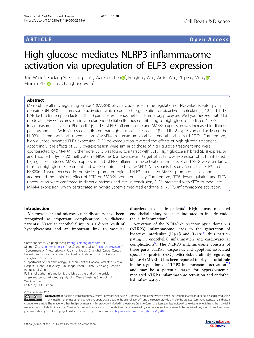 High Glucose Mediates NLRP3 Inflammasome Activation