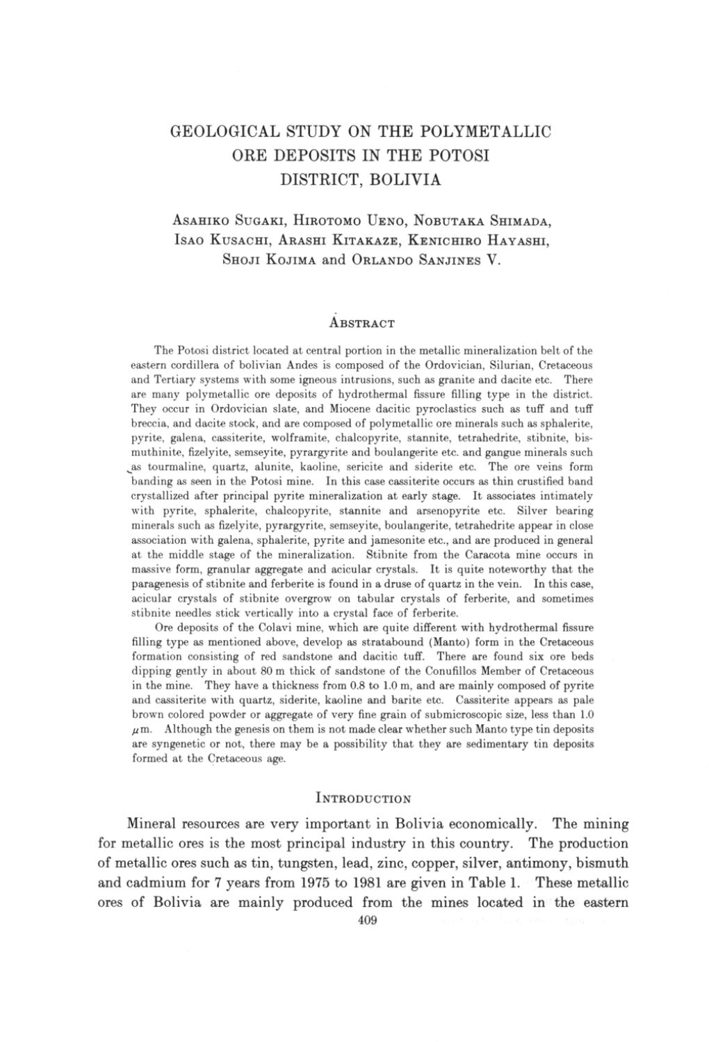 Geological Study on the Polymetallic Ore Deposits in the Potosi District, Bolivia