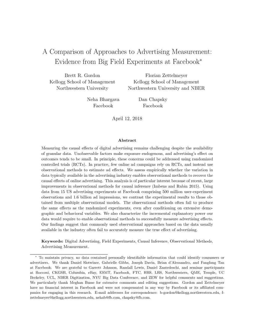 A Comparison of Approaches to Advertising Measurement: Evidence from Big Field Experiments at Facebook∗