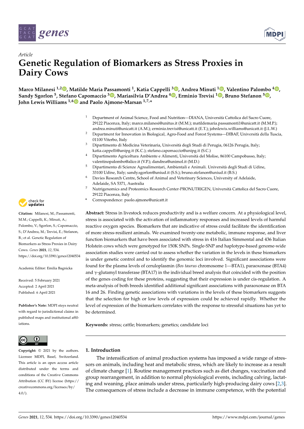 Genetic Regulation of Biomarkers As Stress Proxies Indairy Cows