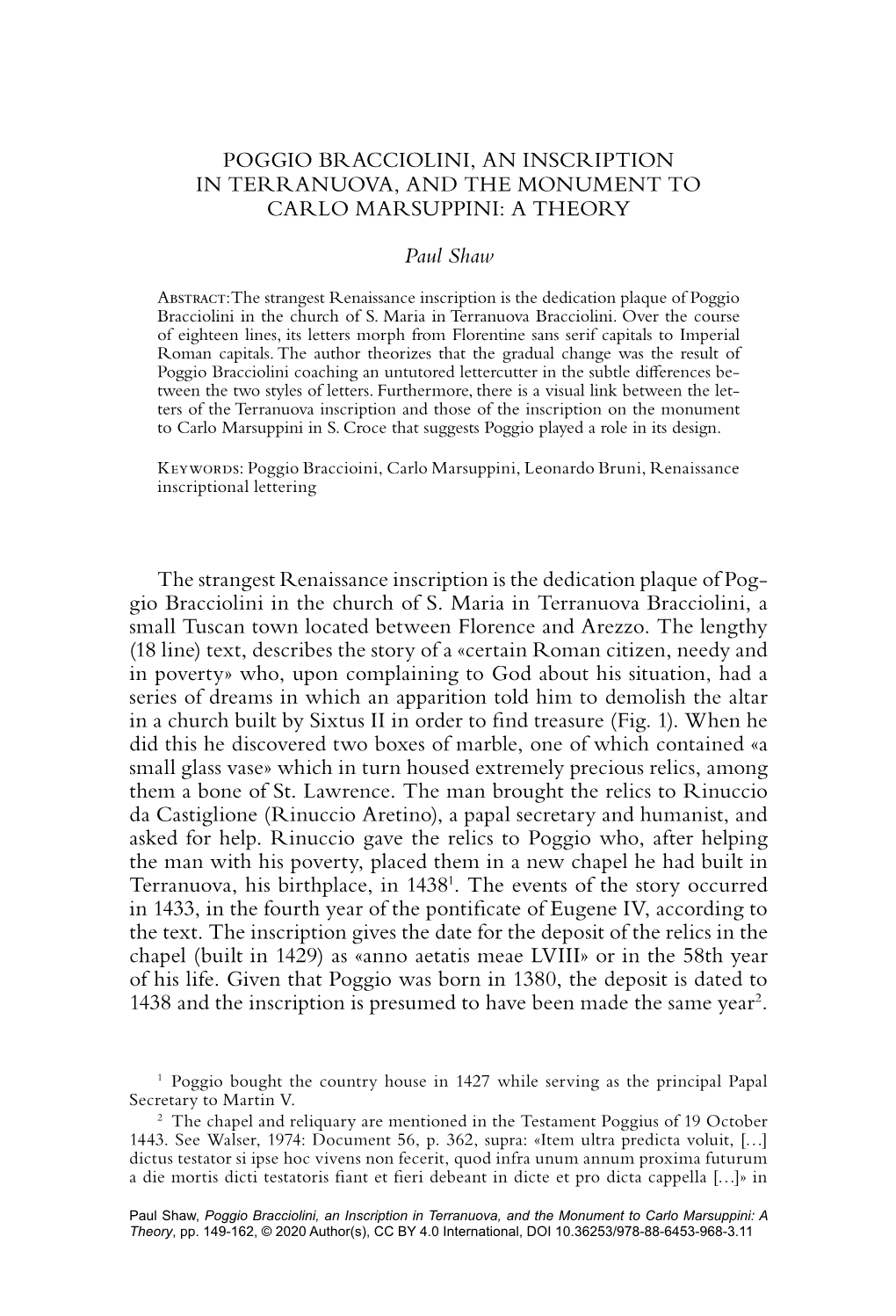 POGGIO BRACCIOLINI, an INSCRIPTION in TERRANUOVA, and the MONUMENT to CARLO MARSUPPINI: a THEORY Paul Shaw the Strangest Renai