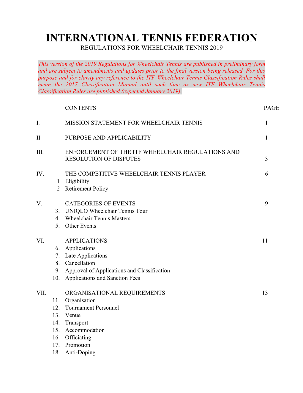 International Tennis Federation Regulations for Wheelchair Tennis 2019