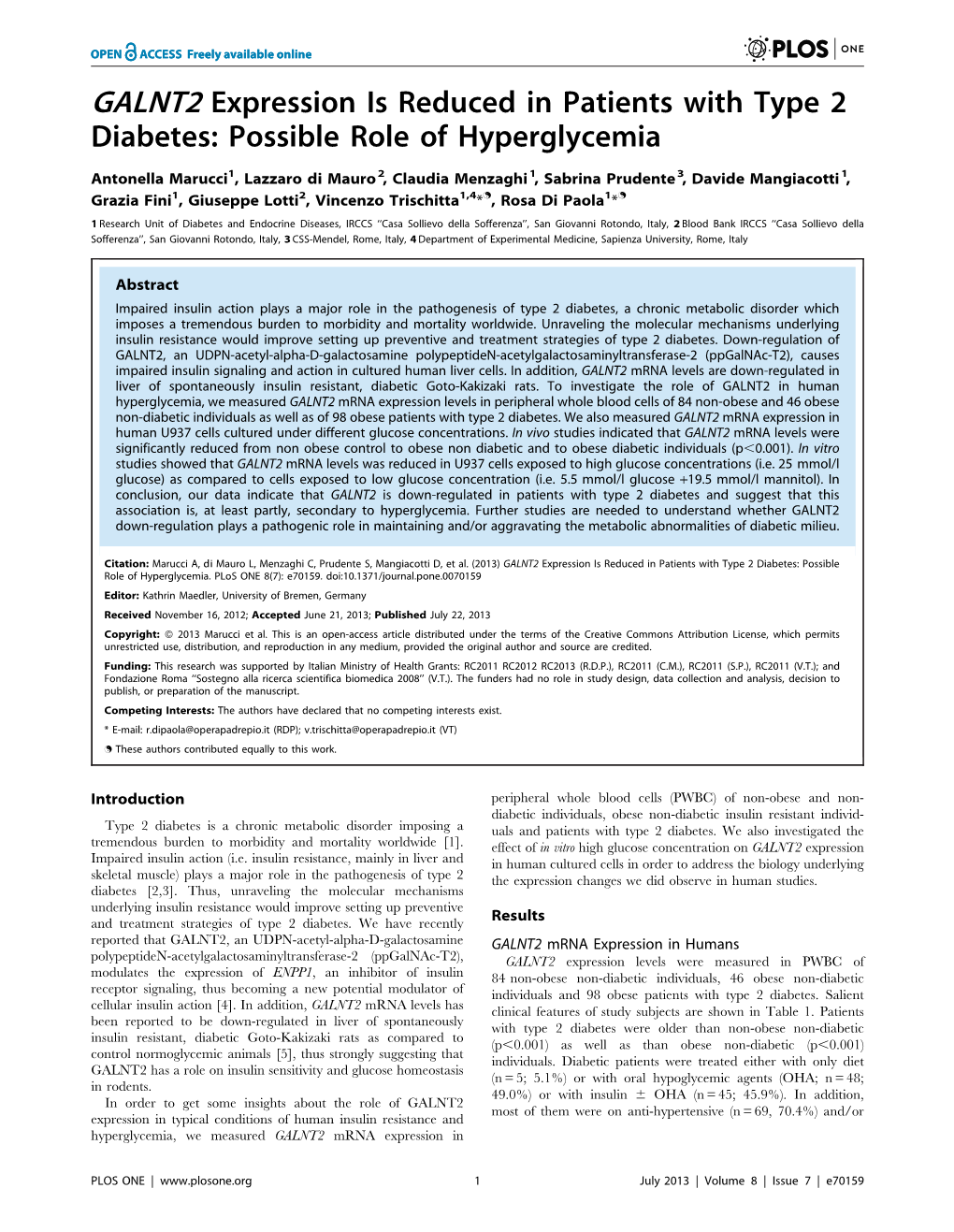 GALNT2 Expression Is Reduced in Patients with Type 2 Diabetes: Possible Role of Hyperglycemia