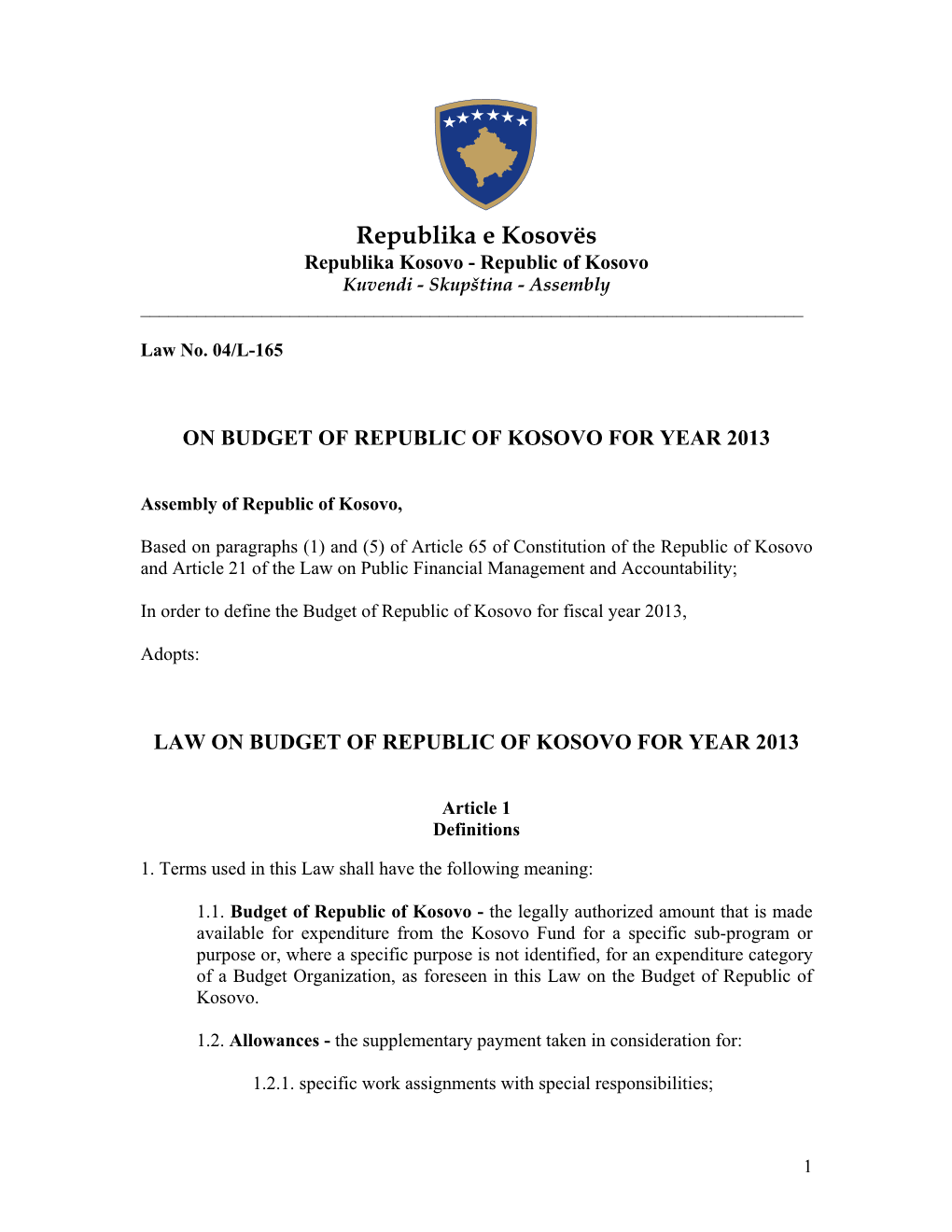 Kosovo – Law on Budget of Kosovo 2013