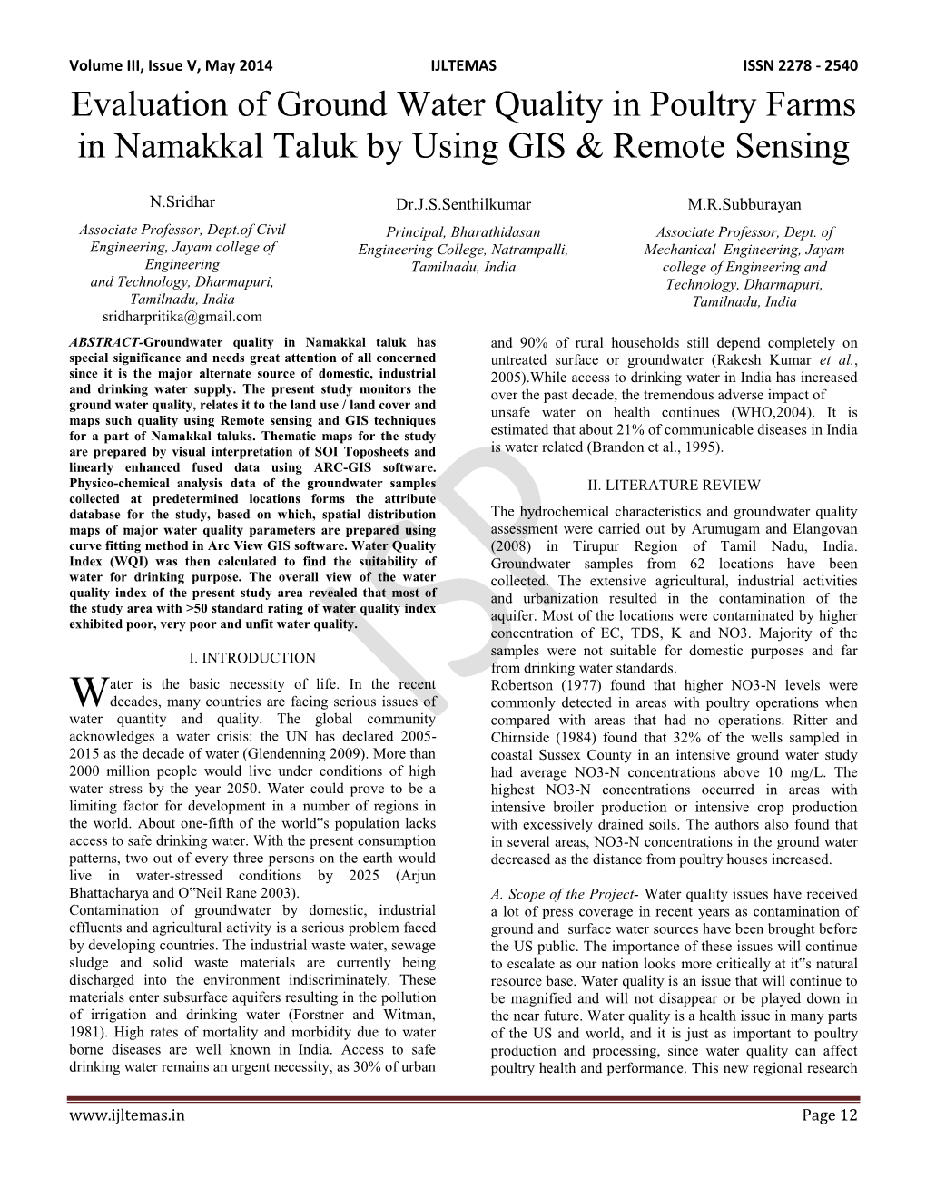 Evaluation of Ground Water Quality in Poultry Farms in Namakkal Taluk by Using GIS & Remote Sensing