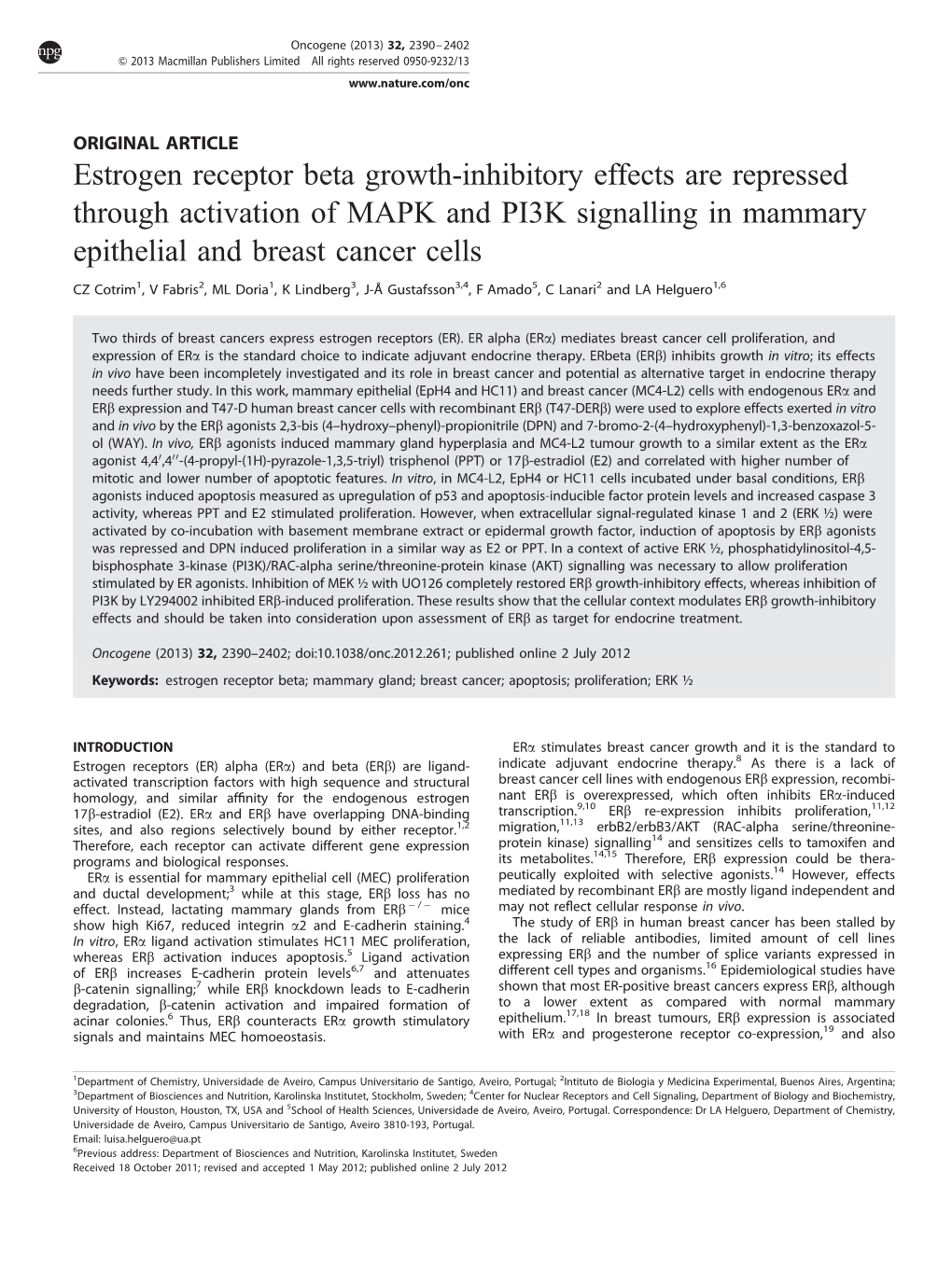 Estrogen Receptor Beta Growth-Inhibitory Effects Are Repressed Through Activation of MAPK and PI3K Signalling in Mammary Epithelial and Breast Cancer Cells