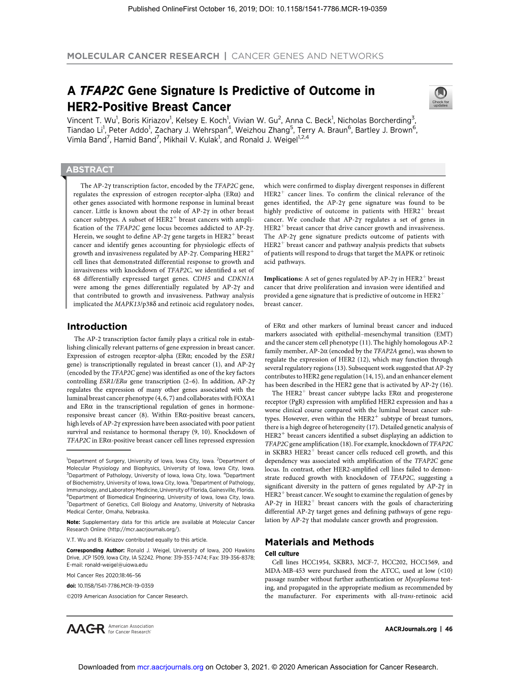 A TFAP2C Gene Signature Is Predictive of Outcome in HER2-Positive Breast Cancer Vincent T