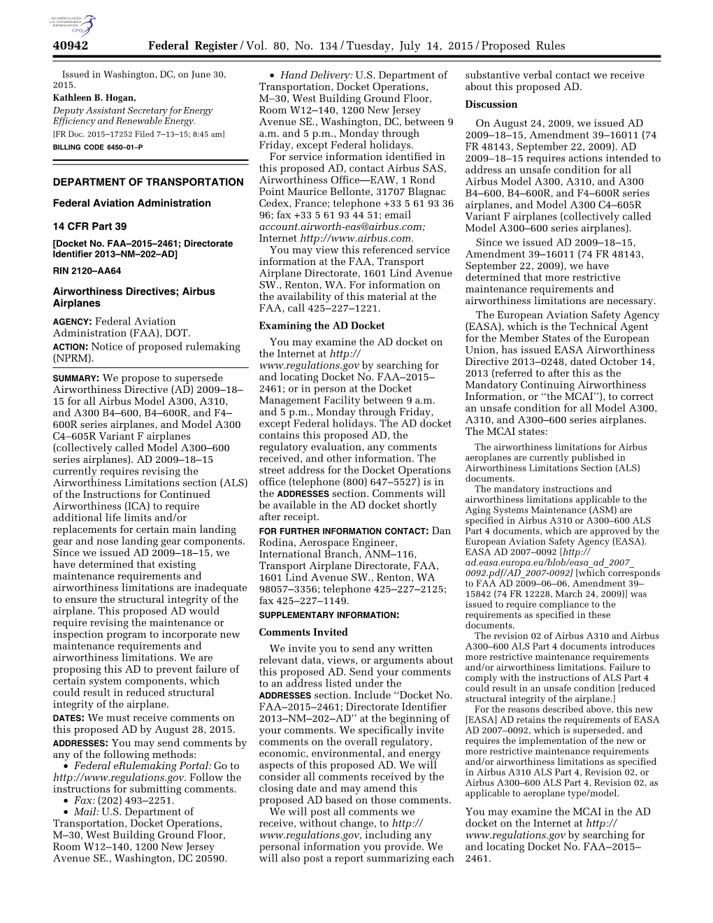 Federal Register/Vol. 80, No. 134/Tuesday, July 14, 2015