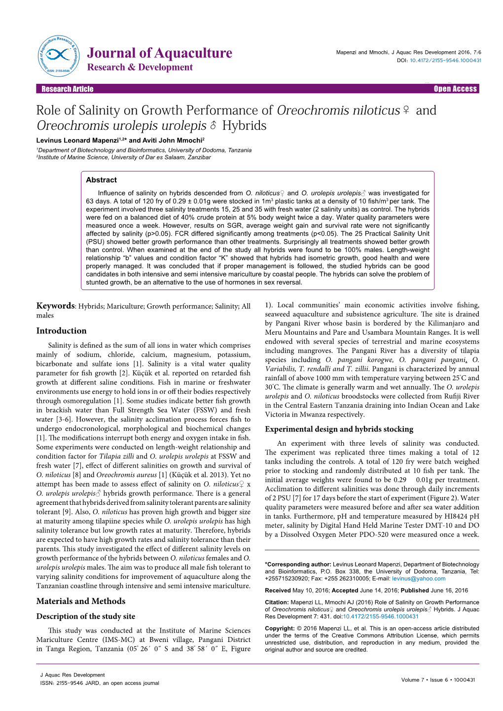 Role of Salinity on Growth Performance of Oreochromis