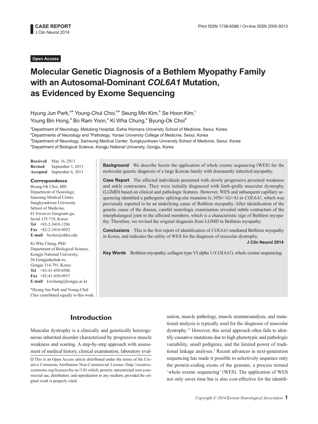 Molecular Genetic Diagnosis of a Bethlem Myopathy Family with an Autosomal-Dominant COL6A1 Mutation, As Evidenced by Exome Sequencing