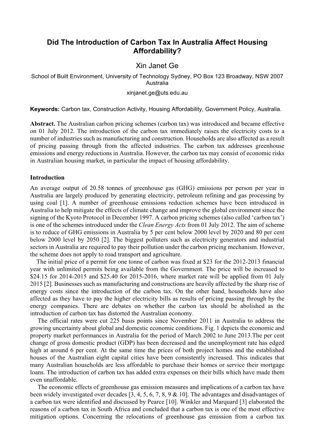 Did the Introduction of Carbon Tax in Australia Affect Housing Affordability?