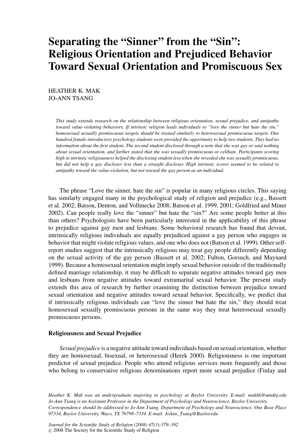 Religious Orientation and Prejudiced Behavior Toward Sexual Orientation and Promiscuous Sex