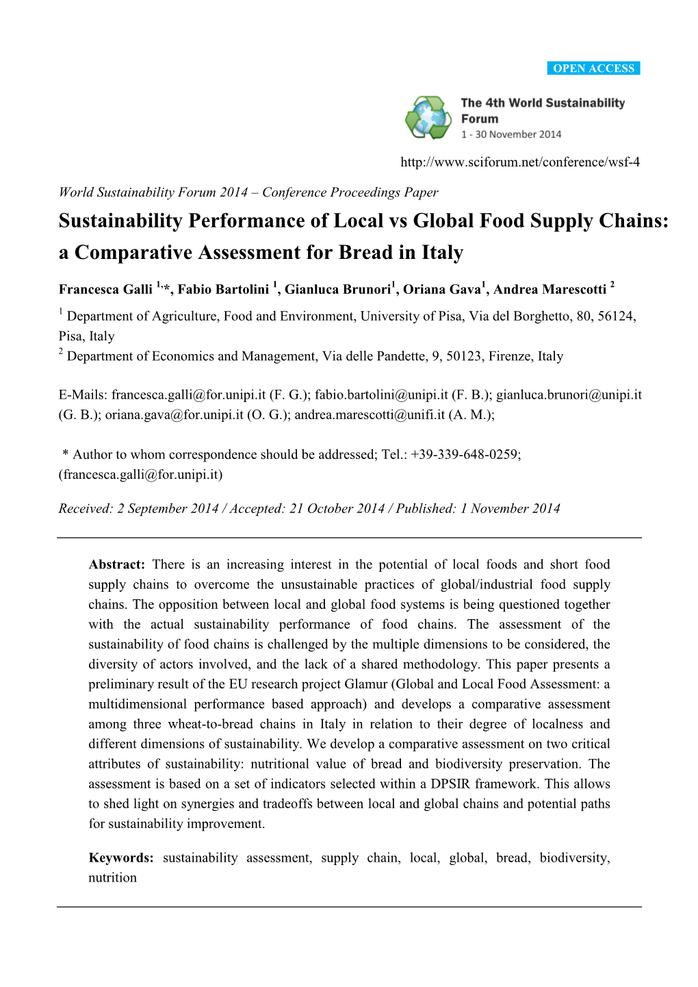 Sustainability Performance of Local Vs Global Food Supply Chains: the Case of Bread Chains in Italy